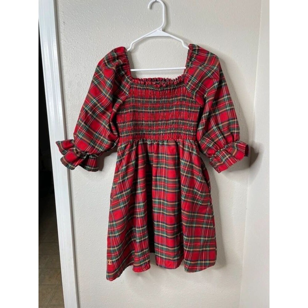 Simply Southern Red Tartan Plaid Smocked Puff Sleeve Mini Dress Small Christmas